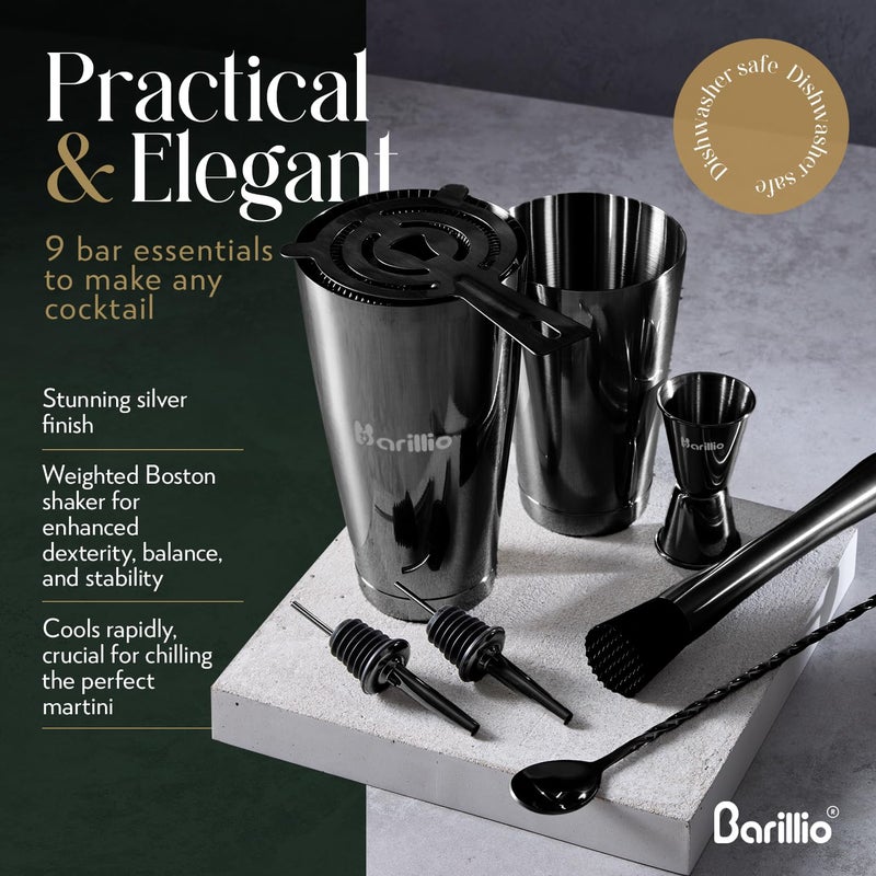 Barillio Black Boston Shaker Set - Stainless-Steel, Weighted Martini Cocktail Shaker Set w/Strainer & Mixer - Mixology Bartender Kit - Bar Set for The Home - 9-pc Drink Set - Bar Tools - Image 3